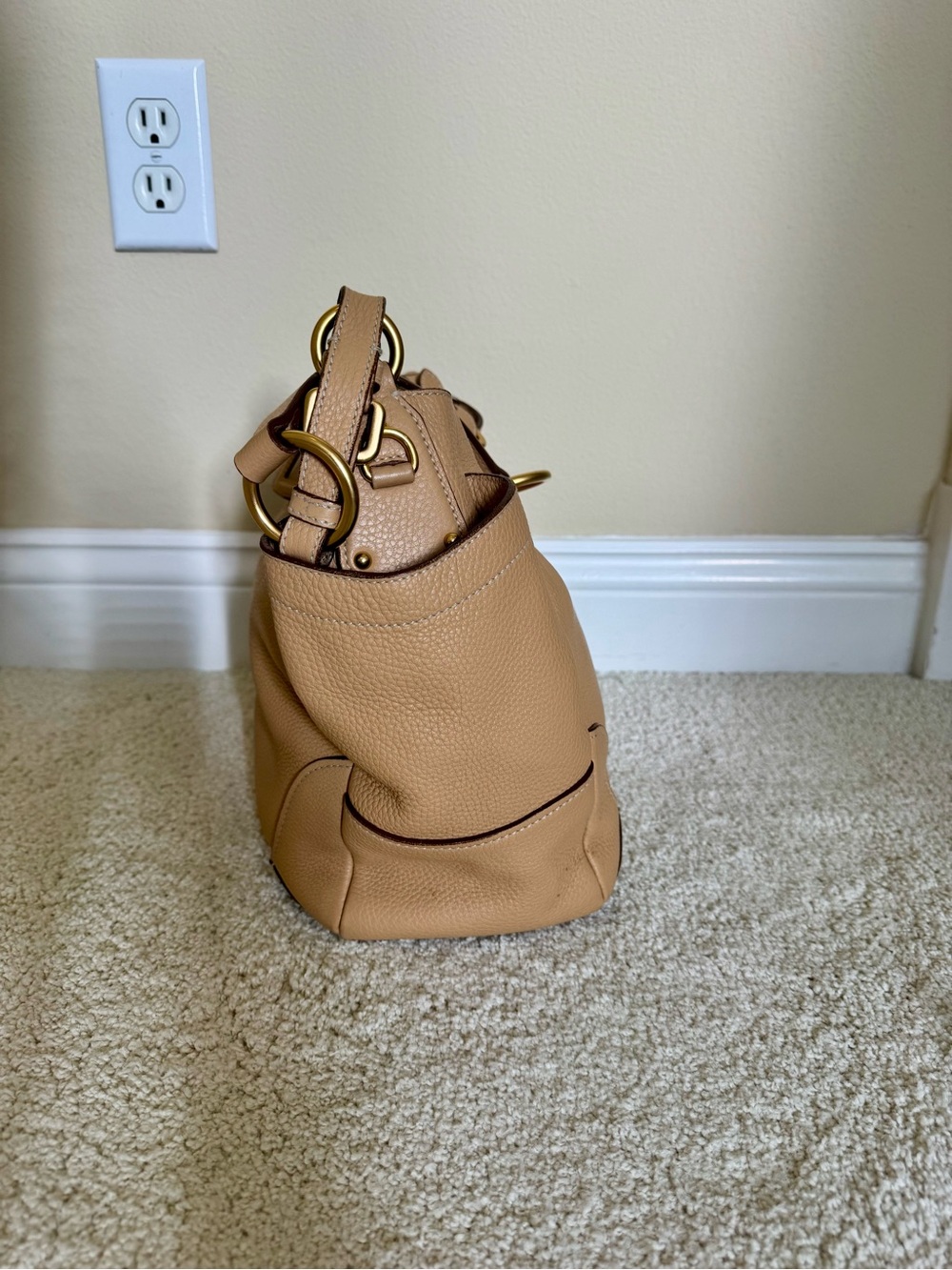 PRADA Vitello Daino Leather Side Pocket Hobo Shoulder Bag - Beige/Camel Gold - Picture 5 of 10